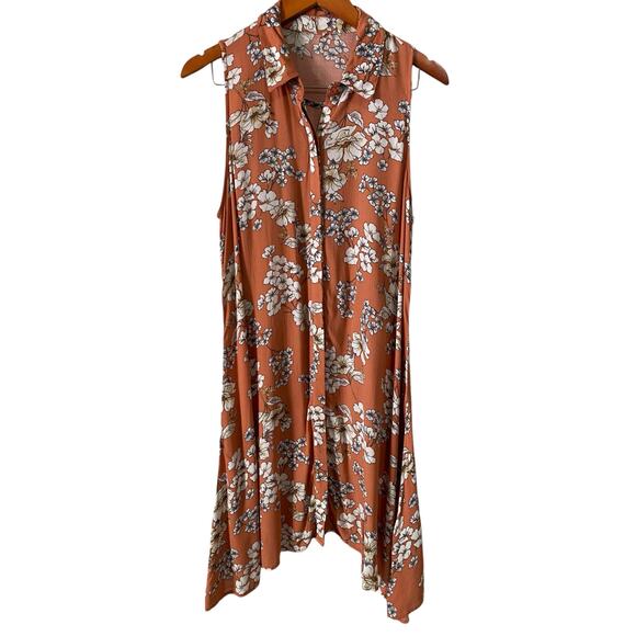 Women's Peach Floral Sleeveless Button Up Tunic Top Long Line Blouse Bohemian - Picture 1 of 10
